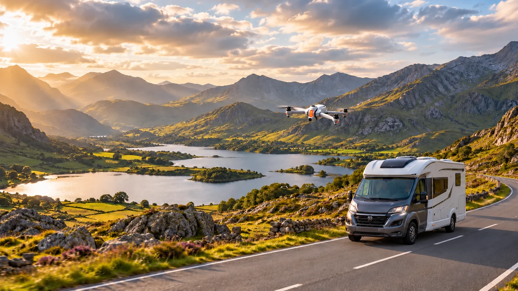 AI-created scene of a motorhome and Antigravity-style drone in the mountains